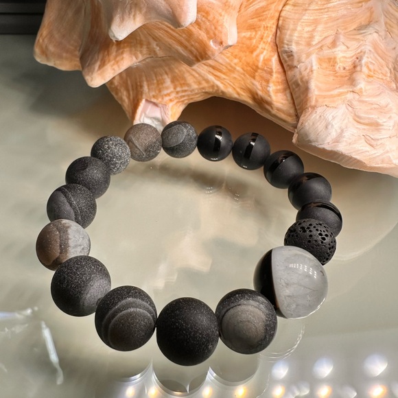 DRUZI AGATE + TUXEDO + ONYX + STONES BRACELET Size 7” - Picture 11 of 13